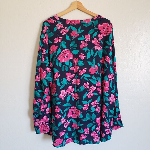 Talbots Split V-Neck Tropical Floral Top Blue/Pink Women's 3X Hawaiian Vacation - Picture 7 of 10